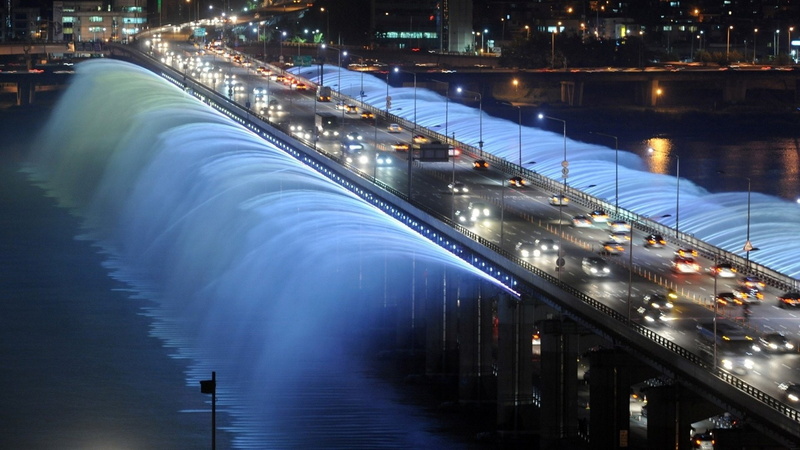 seoul, fountain, traffic, cars, south, night, bridge, spray, 1080P, banpo, lights, korea, drops