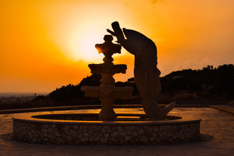 Fountain, silhouette, Sculpture, orange color, adult, architecture, statue, dusk, outdoors, art and craft, sunset, shadows, religion, male likeness, church
