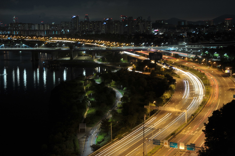 night view, architecture, nature, night, outdoors, built structure, illuminated, high angle view, timelapse, han river, olympic boulevard, motion, city
