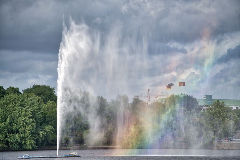 motion, light, air pollution, no people, water, spraying, nature, 8K, hamburg, rainbow, fountain, plant, beauty in nature, tree, day, outdoors, building exterior