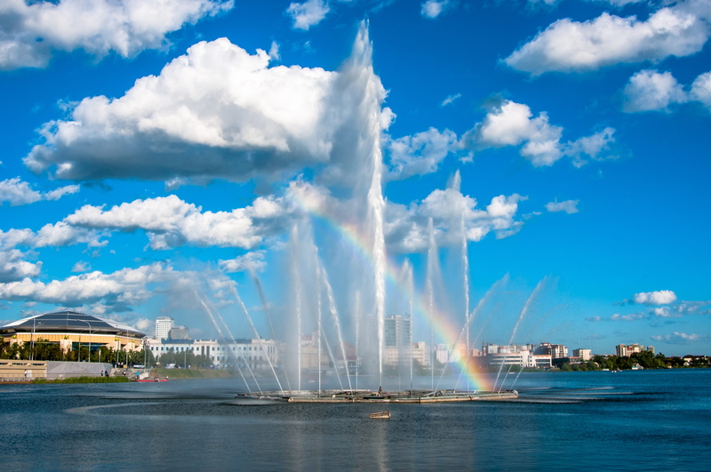 architecture, reservoir, rainbow, nature, transportation, landscape, clouds, river, horizon, 4K, built structure, blue, fountain, cloud - sky, wet, city