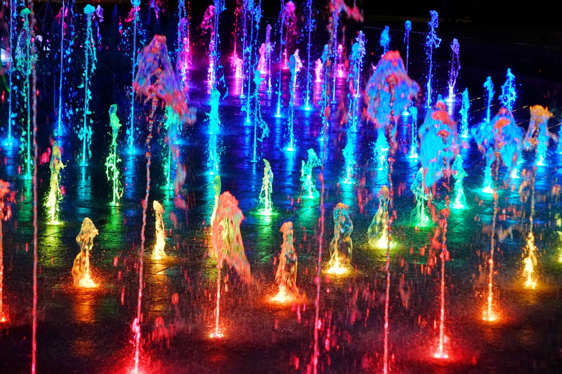 entertainment, multi colored, water, illuminated, 2K, motion, women, light, poland, nature, blurred motion, group of people, night, lighting equipment