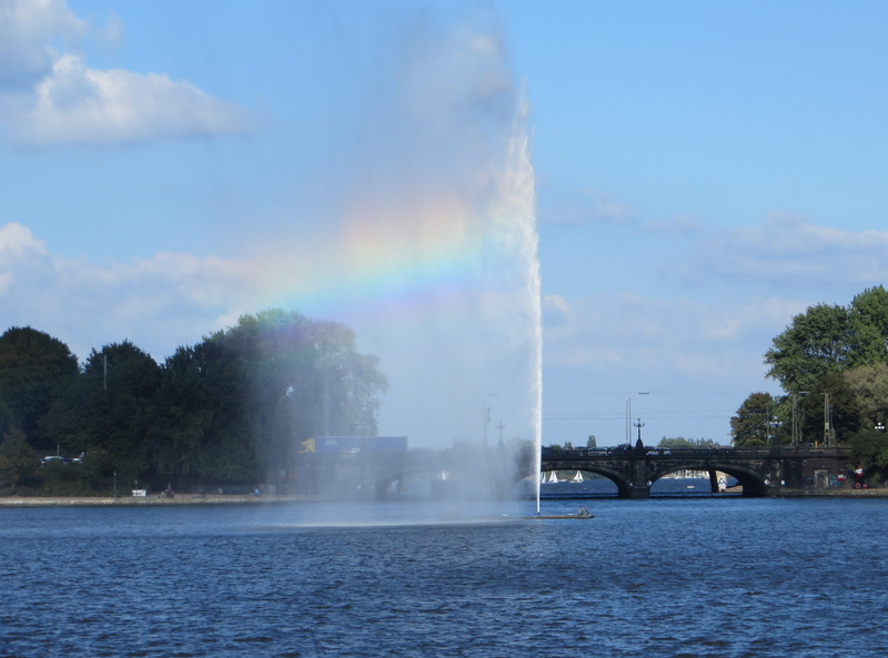 alster, nature, water, waterfront, cloud - sky, plant, hamburg, sky, motion, rainbow, typical hamburg, smoke - physical structure, spraying, mode of transportation