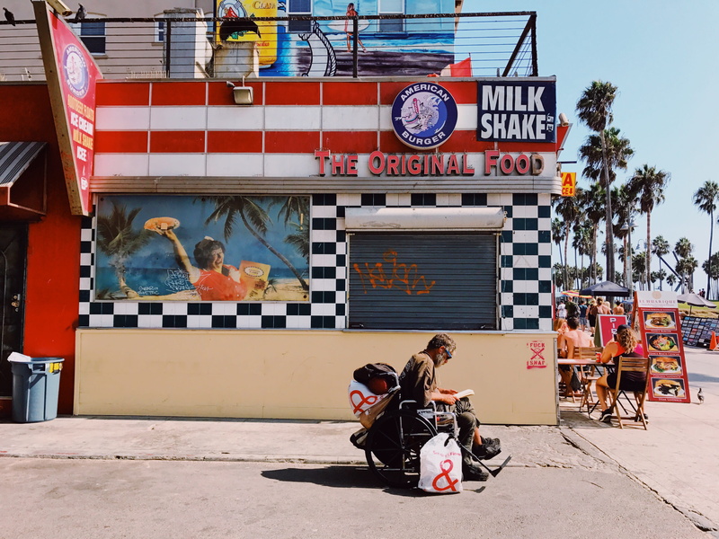 mammal, cafe, original, poster, chair, lifestyles, leisure activity, architecture, full length, human, people, book, street, 4K, wheel, reading, person