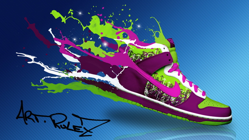 text, close-up, 1080P, paint, green, shoe, multi colored, nike, photoshop, creativity, blue background, boots, art and craft, paper, western script
