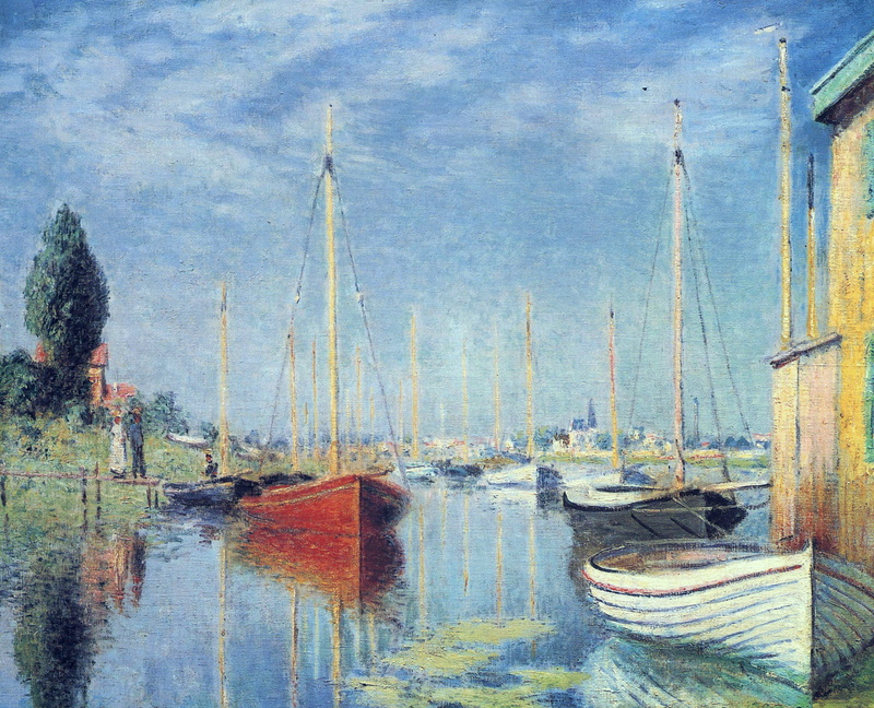 landscape, port, nature, 1080P, sky, fishing industry, Claude Monet, mode of transportation, fishing boat, water, picture, pole, lake, waterfront, built structure
