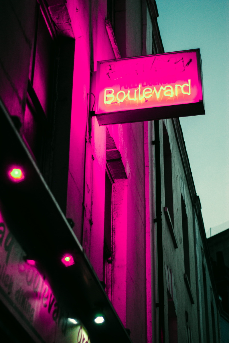 4K, built structure, photo, led, capital letter, building exterior, night, arrow symbol, angle, outdoors, sign, boulevard, western script, low, building