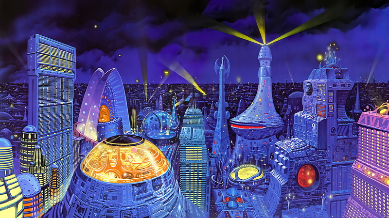 4K, clouds, Angus McKie, city, science fiction, artwork, night, lights