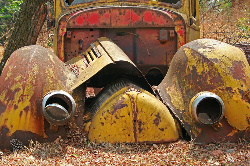 yellow, weathered, nostalgia, car, field, forgotten, run-down, wreck, junkyard, damaged, day, red, old, outdoors, motor vehicle, 4K, mode of transportation