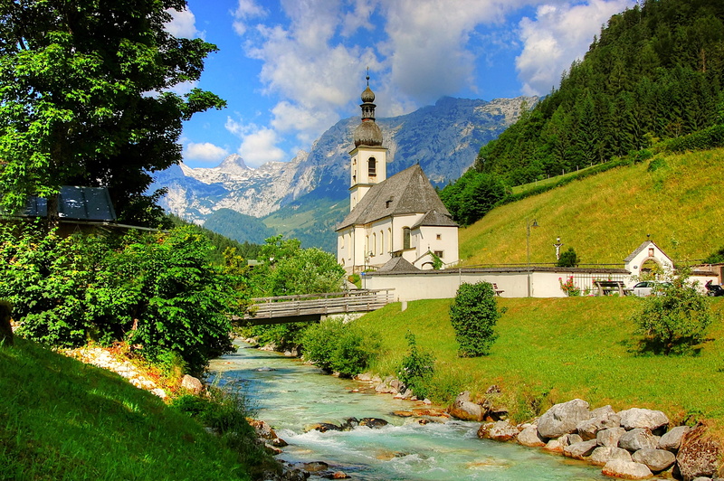 spire, wild, architecture, green color, spirituality, summer, tree, mood, bavaria, ramsauer ache, place of worship, water, rest, no people, 2K, bach, mountains