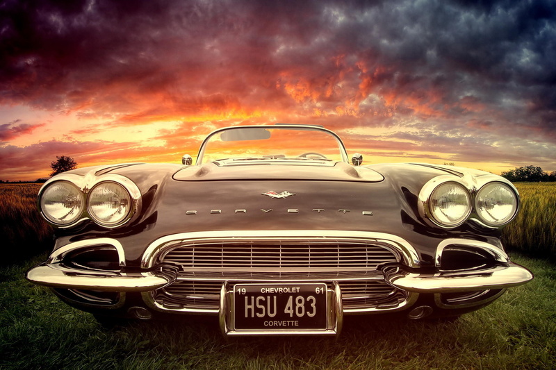 1080P, chrevrolet, Classic, Corvette, a sunset, chevrolet, chrome, a car, a rarity, car