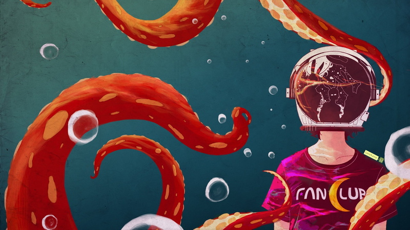 helmet, tentacles, bubbles, abstract, 1080P, artwork