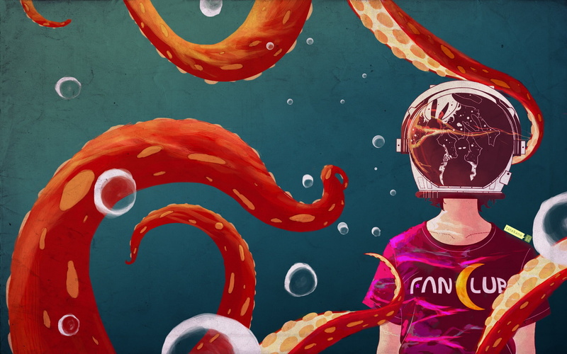 bubbles, digital/artwork, hd, helmet, drawing, 1080P, tentacles