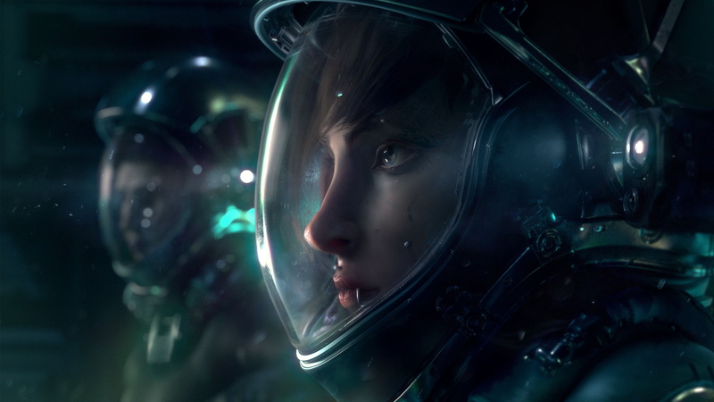 bubble, profile view, helmet, side view, reflection, looking, women, adult, portrait, close-up, transportation, 2K, one person, black background, science fiction digital art space suits