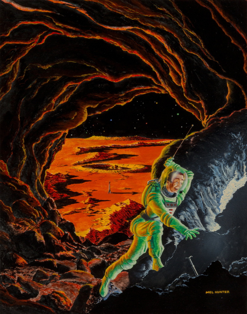 rocket, Mel Hunter, spacesuit, crater, mining, cave, planet, Pulp Magazine, 2K