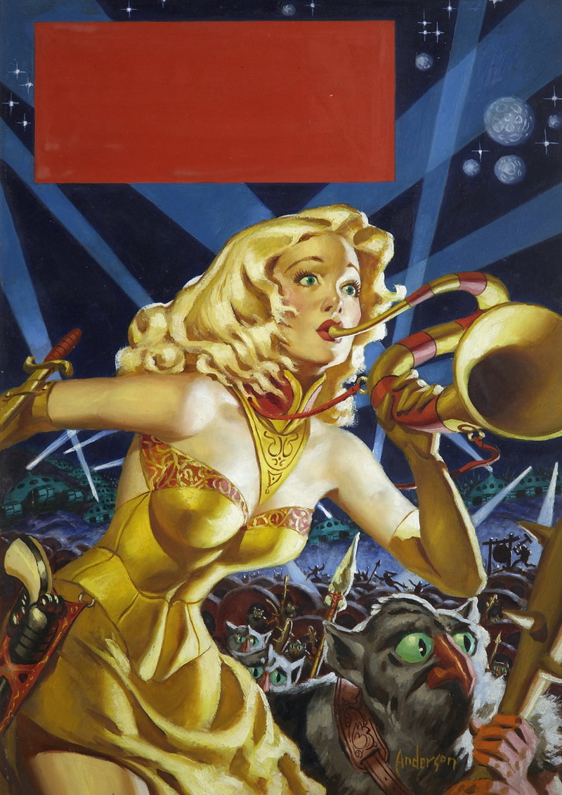 2K, planet, creature, Allen Anderson, spotlights, stars, Trumpet, Pulp Magazine, women