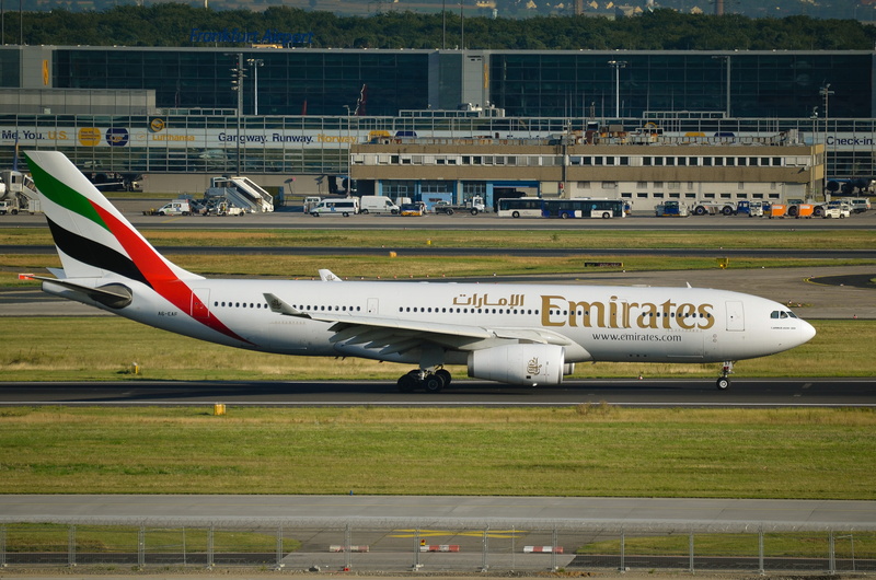 travel, day, airport runway, flying, runway, frankfurt, emirates, arrival, air traffic, mode of transportation, architecture, airbus a330, public transportation