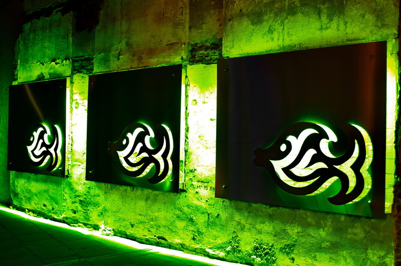 floral pattern, modern art, graffiti, building, advertising, architecture, 4K, neon, lighting, day, abandoned, shield, billboard, green color, no people