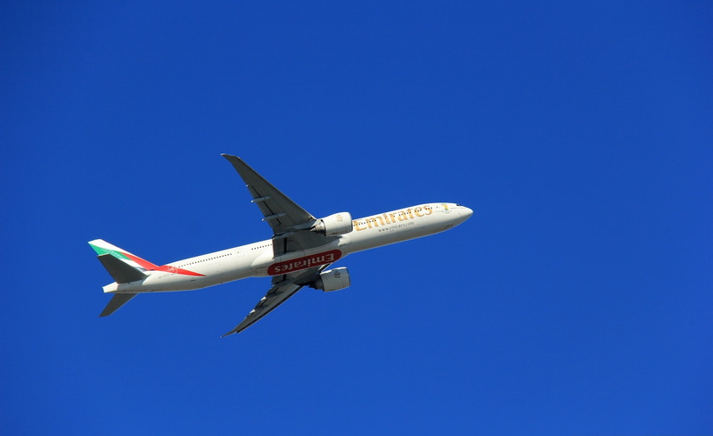 emirates, transportation, blue, wind, mode of transportation, Airplane, air vehicle, airliner, flying, white, journey, holiday, travel, red, commercial airplane