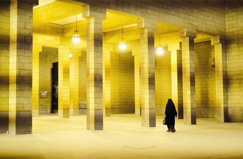 saudi arabia, indoors, underground walkway, prayer, night, warm clothing, lighting equipment, arabic, illuminated, building, lifestyles, standing, night lights