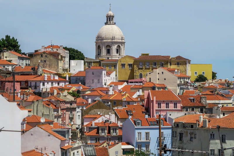 gothic, houses, lisbon, tops, dome, religion, sky, no people, cityskyline, skylin, sea side, day, near, photography, sea, red, church, built structure