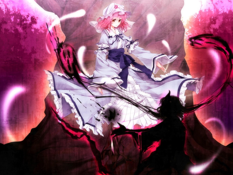 tateshina-ryouko, touhou, creepy, anime, 1080P, manga, pnk-hair, girl, short-hair, evil, magic, ghosts, two-girls, fear