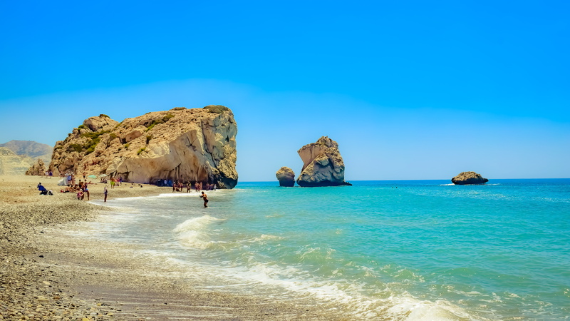 aphrodites rock, water, stack rock, rock formation, landscape, coastal, stone, outdoors, clear sky, no people, 5K, island, landmark, summer, solid, travel