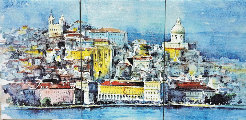 city, water, building exterior, outdoors, 4K, canvas, day, village, no people, lisbon, nautical vessel, blue, painting, sea, building, drawing, portugal