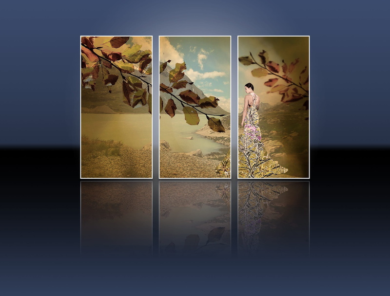 domestic, representation, background, lake, abstract, composite image, branch, sky, group of animals, painting, transparent, reflections, water, woman