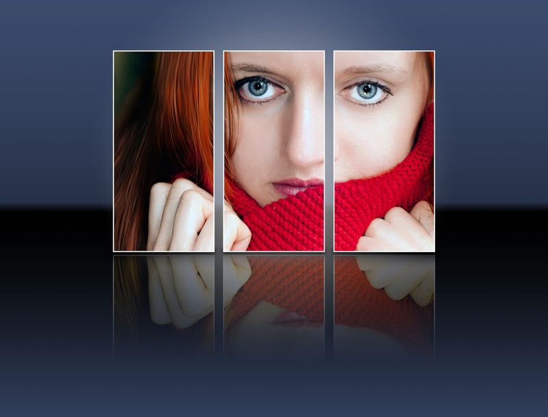 girl, studio, youth, looking, reflection, face, apparel, young, painting, brown, facial, eyes, color, studio shot, multiple image, emotion, knit, composite image