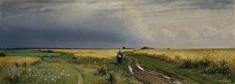 2K, 1866, grass, clouds, birds, flowers, field, road, The road in the rye, Shishkin