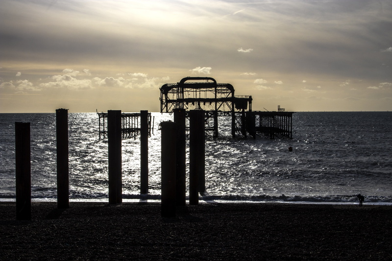 silhouette, no people, coastal, building exterior, water, 5K, sussex, tower, east sussex, brighton, sea, land, tranquility, scenics - nature, uk, tranquil scene