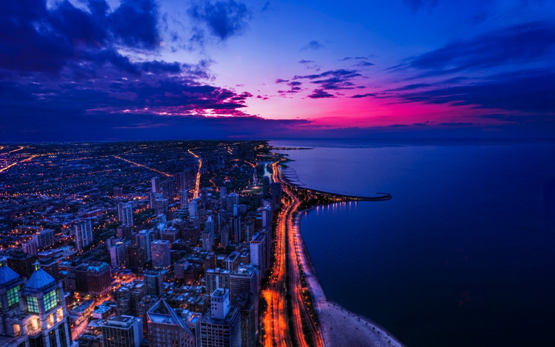 sea, gray, dusk, Lake Shore Drive, city, outdoors, sunset, Chicago, bay, building, cityscape, travel, beach, travel destinations, skyscraper, building exterior