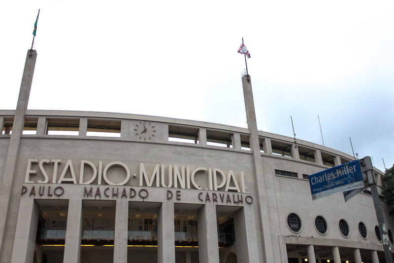 outdoors, city, 5K, low angle view, architecture, government, western script, stadium, brazil, são paulo, flag, soccer, estadio municipal paulo machado de carvalho