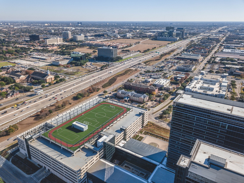 skyscraper, road, mode of transportation, no people, built structure, office building exterior, view, futbol, car, residential district, texas, pitch, mavic