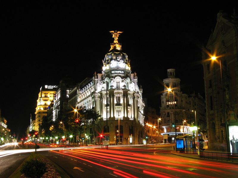 built structure, speed, light, Madrid, sky, night, road, city, street, no people, illuminated, 1080P, light trail, office building exterior, landscape