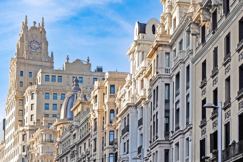 luxury, tourism, home ownership, 2K, buildings, nature, no people, madrid, travel, city, building exterior, low angle view, ornate, spain, day, construction industry