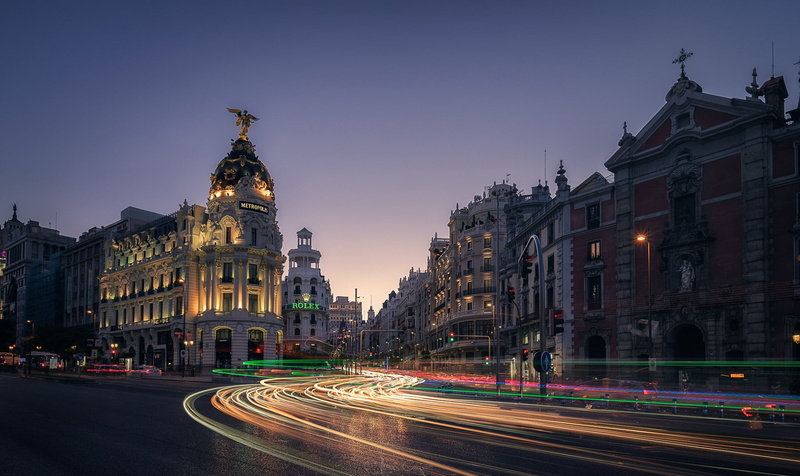 city, cityscape, long exposure, Madrid, traffic, Spain, 1080P