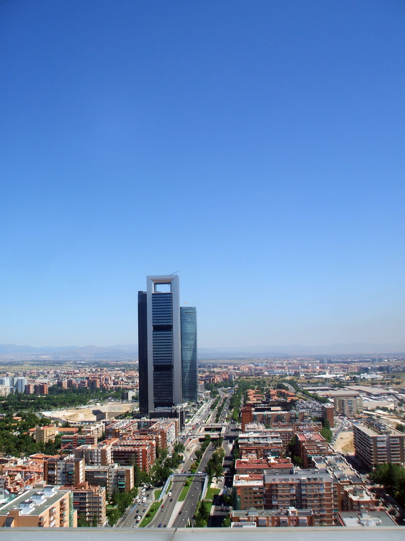 tower, architecture, office building exterior, avenue, glass, spain, bussines, cityscape, nature, day, travel, madrid, 5K, madrid from the air, city, blue