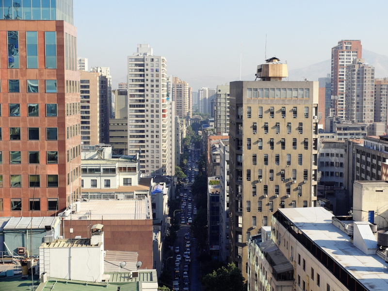 urban, street, building, clear sky, traffic, sky, tower, tall - high, high angle view, santiago, built structure, financial district, buildings, residential district