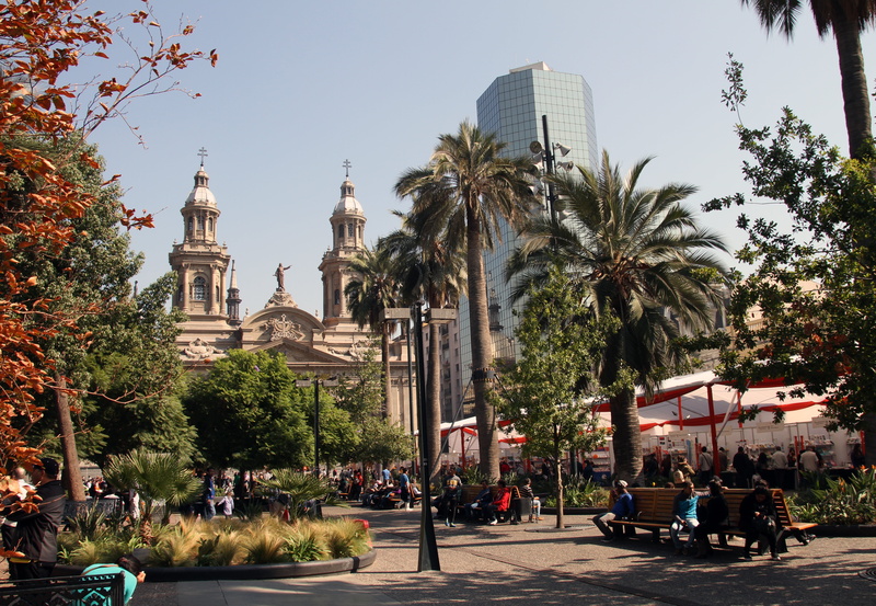 chile, daytime, santiago, outdoors, building exterior, bench, plaza, building, travel destinations, belief, people, city, tourism, downtown, built structure