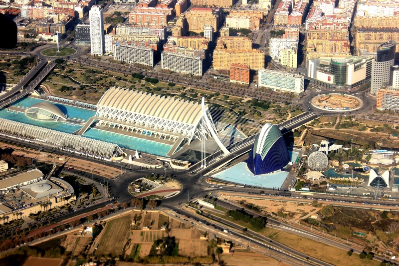 sky, architecture, valencia, travel, city of arts and sciences, modern, science, aerial, skyscraper, aircraft, day, roof, building exterior, street, calatrava