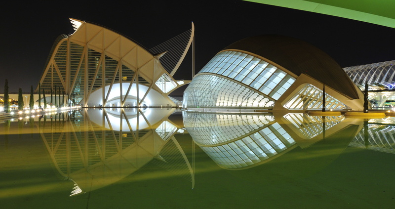 building exterior, travel destinations, city, water, pond, santiago calatrava, built structure, valencia, futuristic, spain, shape, illuminated, modern