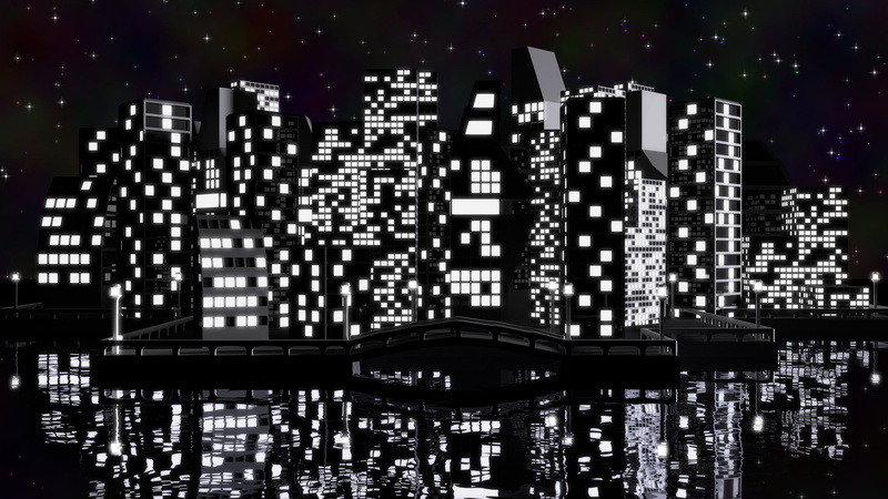 monochrome, water, digital art, architecture, dark, digital, city, urban, reflection, night, city lights, white, night view, black, artwork, building, skyscraper