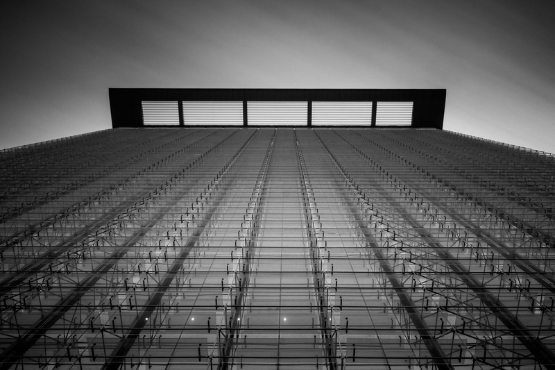 built structure, noir, diminishing perspective, shadow, high rise, empty, pattern, banister, absence, architecture, santiago, clouds, corridor, city, prison