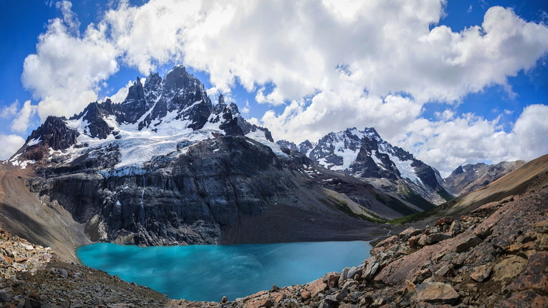 chile, nature, mountain, peak, landscape, snowy, 1080P, snowy peak, summer, andes, clouds, lake