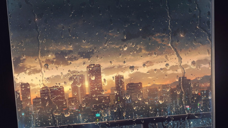 glass, dawn, window, raining, city, anime city, anime art, rain, 1080P