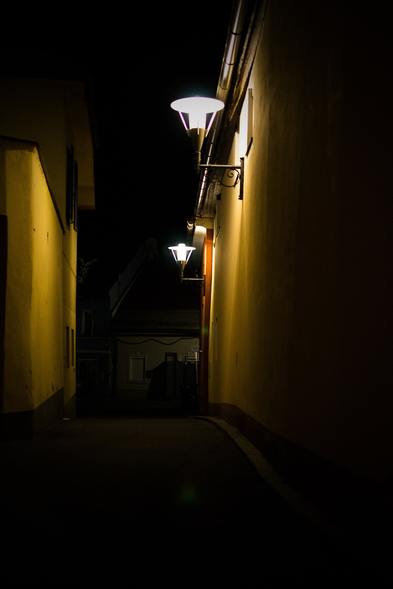 dark street, street, street lamp, long, no people, night, dark, absence, road, empty, scary, direction, built structure, secret, wall - building feature