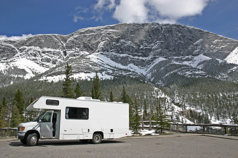landscape, motor vehicle, cold temperature, winter, mode of transportation, accommodation, camper, nature, trucking, sky, mobile home, jasper, horizontal