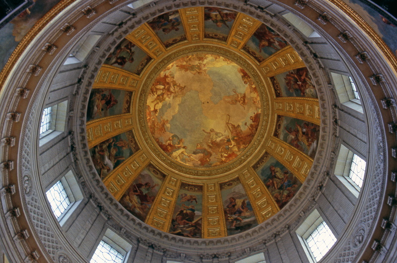 building, place of worship, mural, invalides, no people, ceiling, 4K, belief, directly below, dome, low angle view, built structure, fresco, indoors, representation